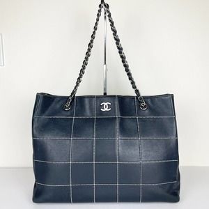 CHANEL Wild Stitch Chocolate Bar Leather Tote Bag Black Large